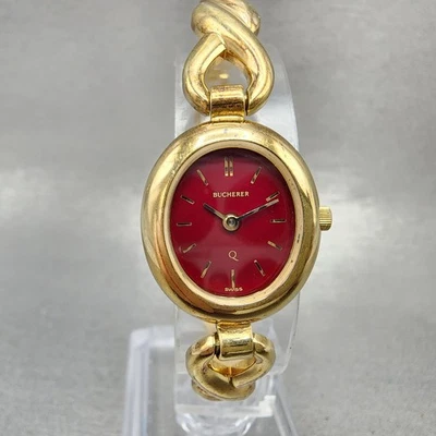 Bucherer Q Watch Women 19mm Red Dial Gold Tone Oval 980.599 New Battery - Image 1 of 4