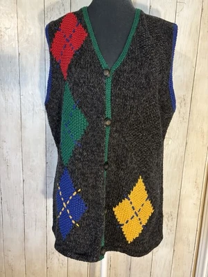 Vtg Eagles Eye Sport Hand Knit Vest SZ M Argyle Stitched 90s GrandpaCore Hipster - Image 1 of 4