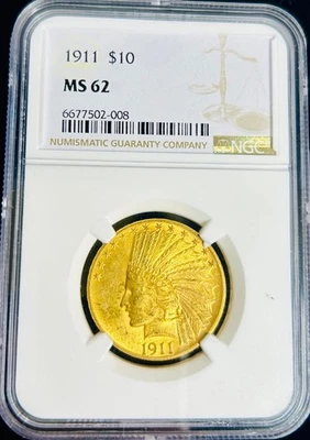 1911 - P US Indian Head Eagle Gold Coin $10 Ten Dollars MS 62 NGC Graded - Image 1 of 4