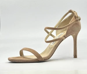 Jimmy Choo Nude Suede Strappy Heels Sandals Size 37.5 / US 7.5 – Made in Italy - Picture 1 of 11