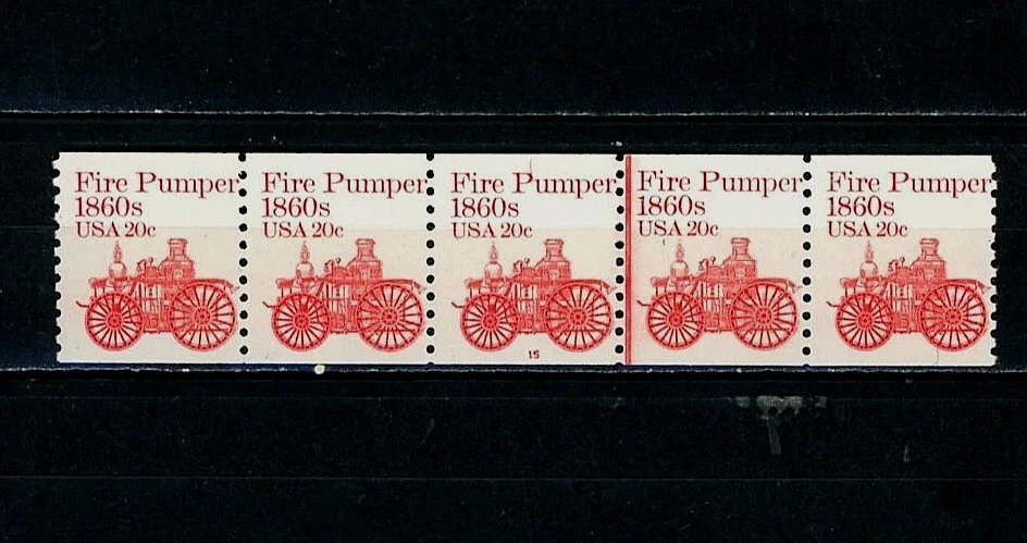 SCOTT # 1908 -  PANE OF 5 FIRE PUMPER PLATE # 20 CENT STAMPS - VF - OG - MNH - Image 1 of 3