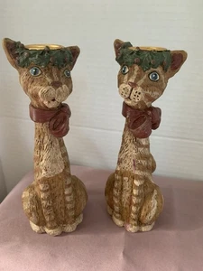 "Par de candelabros vintage de resina para gato atigrado diseño Kurt Adler de 6,75"" de alto" - Imagen 1 de 6
