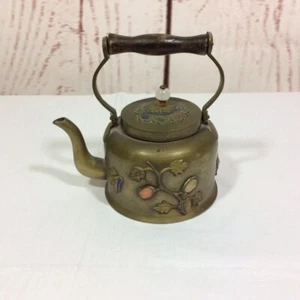 Vintage Small Asian Chinese Brass Enameled Miniature Teapot Stones Wood Handle - Picture 1 of 17