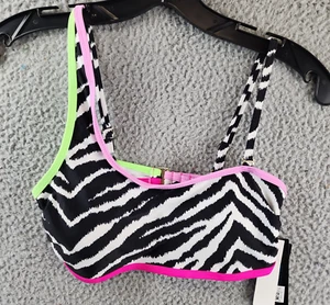 California Wave Zebra Printed Asymmetric Bikini Top Juniors Small Black Multi - Picture 1 of 10