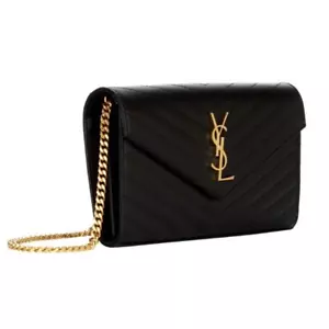 NUOVO PORTAFOGLIO CATENA SAINT LAURENT GRANDE ORO NERO GRANA PELLE SCATOLA AUTENTICA! - Foto 1 di 16