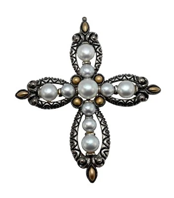 ¡Colgante/potenciador de cruz de perlas de plata esterlina 925 maciza y oro de 18 quilates Barbra Bixby! Foto 1 de 4