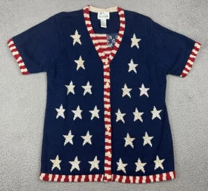 Quacker Factory Sweater Large Americana Patriotic Flag Sequins Stars Stripes - Picture 1 of 9