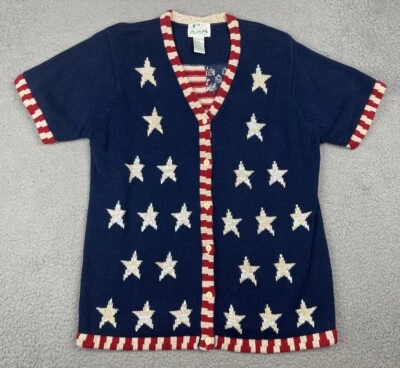 Quacker Factory Sweater Large Americana Patriotic Flag Sequins Stars Stripes - Image 1 of 4