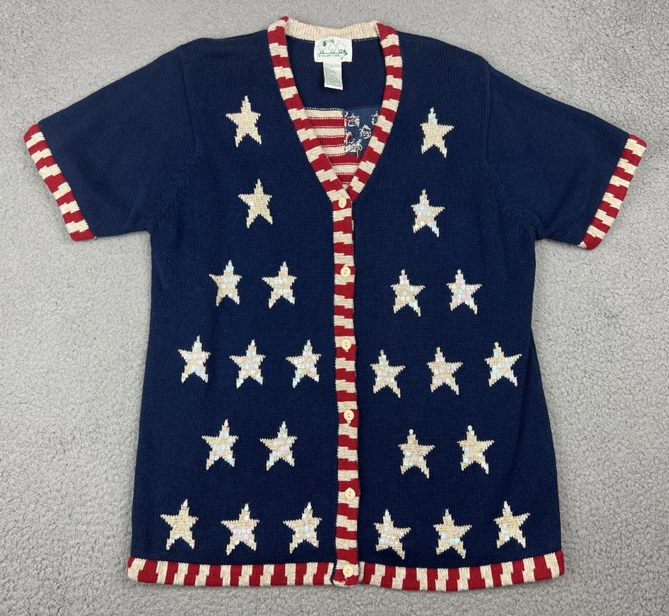 Quacker Factory Sweater Large Americana Patriotic Flag Sequins Stars Stripes - Image 1 of 4