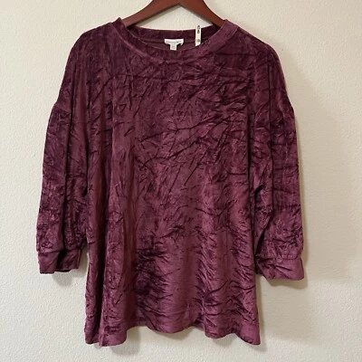 Garnet Hill Moonrise Velour Velvet Burgundy 3/4 Sleeve Crew Neck Top SZ XL - Image 1 of 4