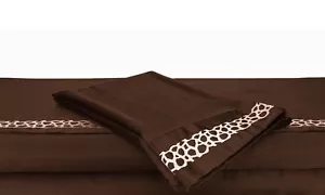 Queen Schokoladenbraun Seidensatin Bettlaken Set: Taupe Bestickt Tier Mosaik - Bild 1 von 1
