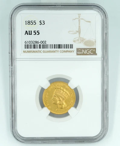 1855 NGC AU55 $3 Gold Indian Princess Cover
