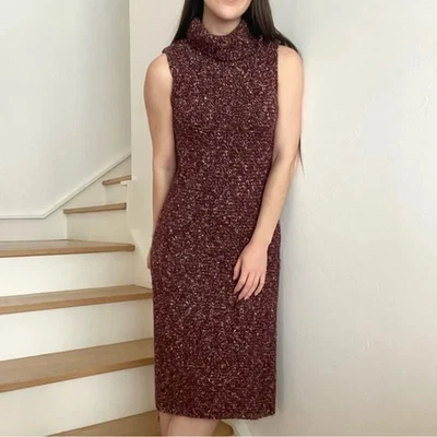 ANTHROPOLOGIE Vestido Suéter Grande Tejido Midi Cuello Capucha Borgoña Mármol Sin Mangas Foto 1 de 4