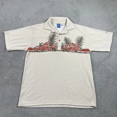 Vintage Ocean Pacific OP Polo Shirt Mens Large Terry Cloth Surf Beige Floral - Image 1 of 4