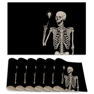 Divertido juego de 6 manteles individuales calavera esqueleto de lino lavables, resistentes al calor 12x18... - Imagen 1 de 7