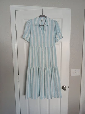 Vestido midi Crown & Ivy mezcla de lino S azul blanco cabaña pradera campesino costero Foto 1 de 4