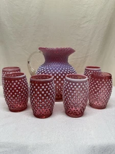 Vintage Fenton 7 Piece Cranberry Opalescent Hobnail Glass Pitcher Water Set - Picture 1 of 10