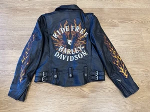 Vintage Harley Davidson RIDE FREE Lederjacke bestickt Damen große Flammen 🔥 - Bild 1 von 16