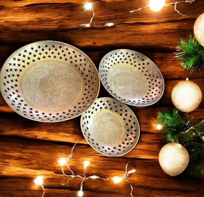 3 Vintage Etched and Pierced Brass footed Dishes - Image 1 of 4