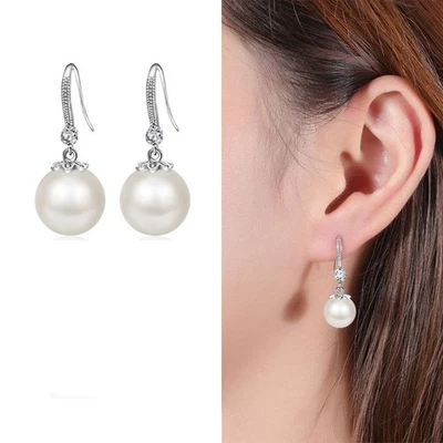Crystal Pearl Earrings Jewellery Gift Fashion Charm Drop Girls Hook Women - Image 1 of 4