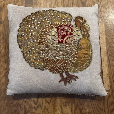 Turkey Thanksgiving Embroidered Beaded Pillow 14” By 14” - Sequins! - Image 1 of 4