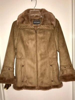 全新 Hilary Radley Studio 棕色人造麂皮绒人造毛皮衬里女式外套 S 码 — 第 1/4 张图片