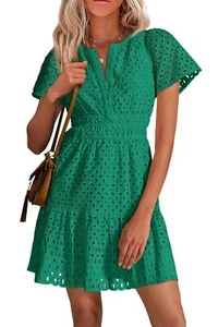 PRETTYGARDEN Womens 2025 Summer Short Dress V Neck Short Sleeve A Line Hollow... - Picture 1 of 9