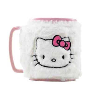 Hello Kitty Fuzzy Mug - Offizielle 450ml Keramiktasse mit rosa Schleife flauschiger Deckel - Bild 1 von 6