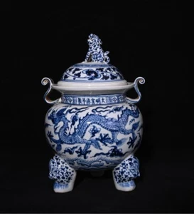 Beautiful Chinese Hand Painting Blue&white Porcelain Dragon Censer - Picture 1 of 10
