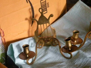 Pair Antique Brass Candle Sconces Harp Lyre Shaped Excellent Condition 1930's - Picture 1 of 6