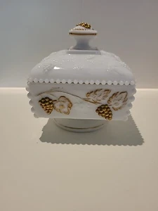 Milk Glass Westmoreland Glass Co. Wedding Box  White/Gold Grape Leaf Vintage - Picture 1 of 14