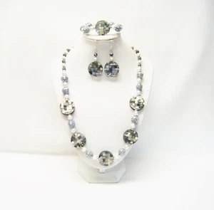 Chunky Mosaic Abalone Shell Bead Necklace/Bracelet/Earrings Set - Picture 1 of 10