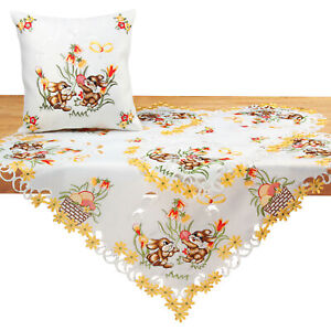 Ostern Tischläufer Tischdeckchen Weiß braun Häschen gelb Tulpen/Blumen Stickerei