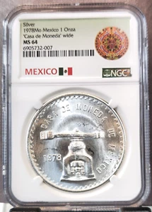 1978 MEXICO SILVER 1 ONZA CASA DE MONEDA WIDE NGC MS 64 KEY DATE BRIGHT BU - Picture 1 of 3