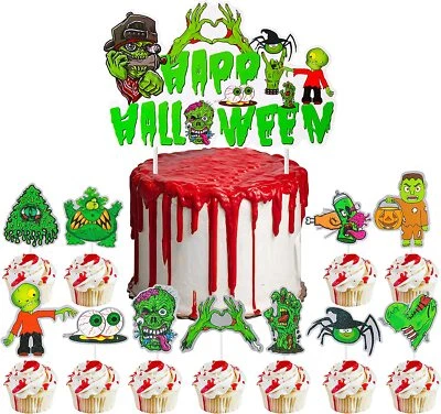 Pastel de Halloween Cupcake Toppers Zombie Espeluznante Monstruos Verdes Brillo Foto 1 de 4