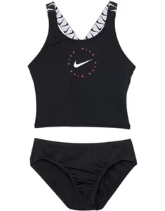 Nike Girl's Logo Tape Black Cross Back Tankini Swim Set L54429 Size Small - Picture 1 of 2