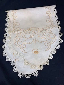 Vintage Off White With Hand Embroidery Gold & White Flowers & Vines Table Runner - Picture 1 of 5