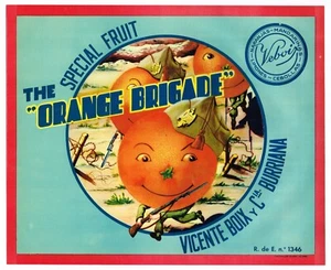 ORIGINAL ORANGE CRATE LABEL SPANISH C1950S ANTHROPOMORPHIC MILITARY SOLDIERS - Picture 1 of 1