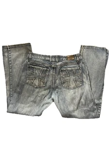 Flypaper Denim Blue Jeans Herren 34x34 Bootcut blau distressed bestickt Taschen - Bild 1 von 9