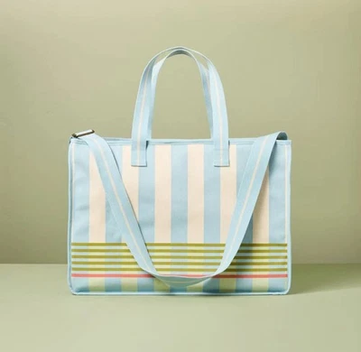 Hearth & Hand Magnolia Cross Stripe Carry-All Tote Bag Blue Green Natural Canvas - Image 1 of 4