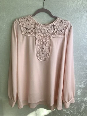Blusa halógena para mujer manga larga acento de encaje ligera XL rosa Foto 1 de 4