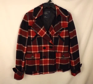 American Eagle Womens Coat Large Red Tartan Plaid Wool Blend Peacoat Crop Preppy - Picture 1 of 11