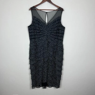 Adrianna Papell Dress 20W Black Tiered Sheath Polka Dot Ruffles Cocktail Mesh - Image 1 of 4