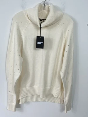 DKNY Turtleneck Sweater Ivory Size Medium Silver Beaded 100% Cotton NWT $89 - Image 1 of 4