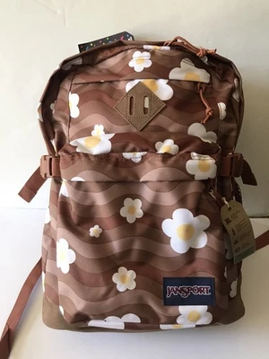 MOCHILA MUJER JANSPORT MARRÓN FLOWER POWER GAMUZA CAMPUS ESCUELA/VIAJE NUEVA CON ETIQUETAS Foto 1 de 4