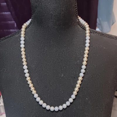 Lace Blue Agate & Faux Pearl Beaded Necklace 925 Sterling Silver Clasp 24" - Image 1 of 4