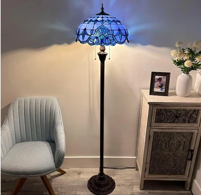 Tiffany Style Floor Lamp Blue Stained Glass Baroque Style Metal Base 64"H*16"W - Image 1 of 4
