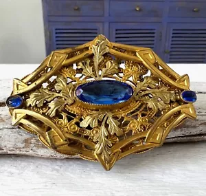 Antique Art Nouveau GCH Hudson Company Gold Saphire Blue Glass Sash Brooch #234 - Picture 1 of 11