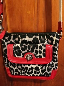 Coach Park Ocelot Leopard Canvas And Red Patent Crossbody Purse - Picture 1 of 9