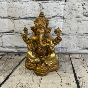 Gold & Bronze 18cm Large Ganesh Ganesa Sitting On Lotus Statue Resin Hindu - Picture 1 of 11
